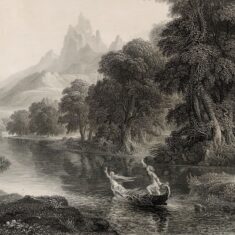 Painting of a character in a boat on a flowing river guided by an angelic figure to the right amongst trees.