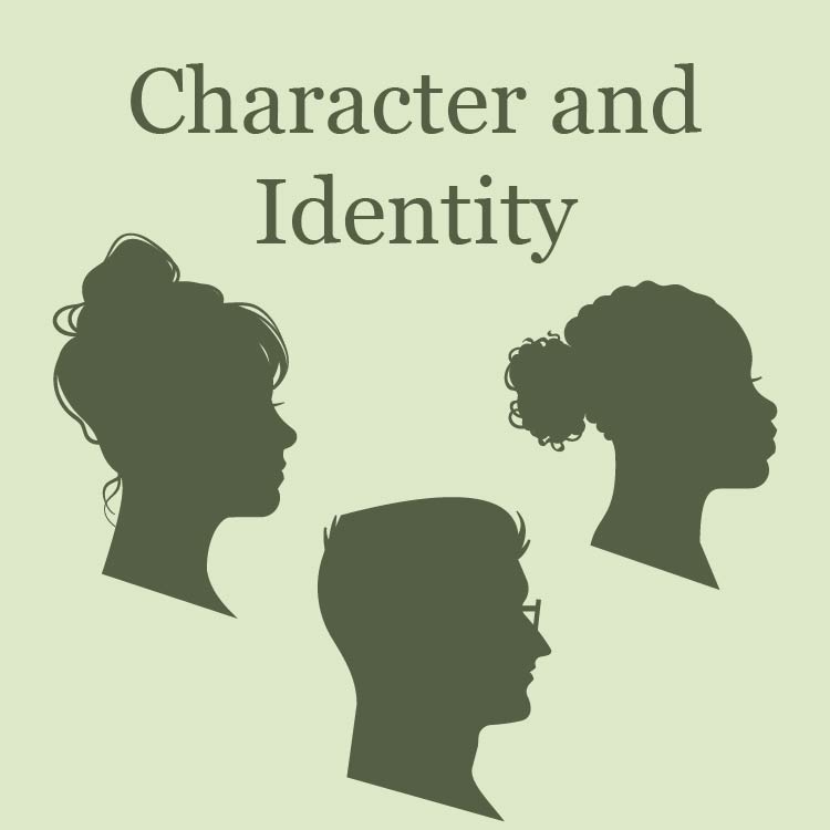 three silhouettes of heads in profile under the words "character and identity"