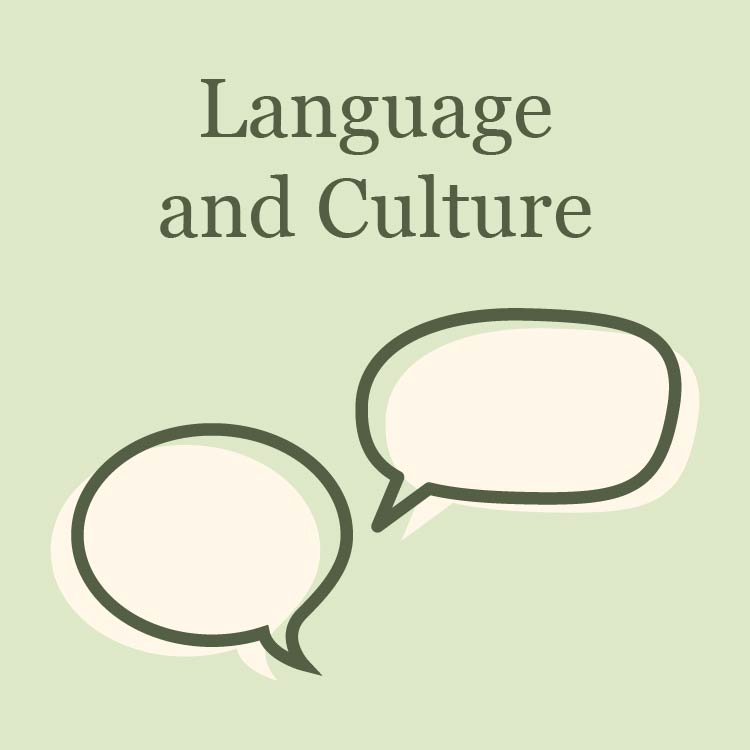 two speech bubbles below the words "language and culture"